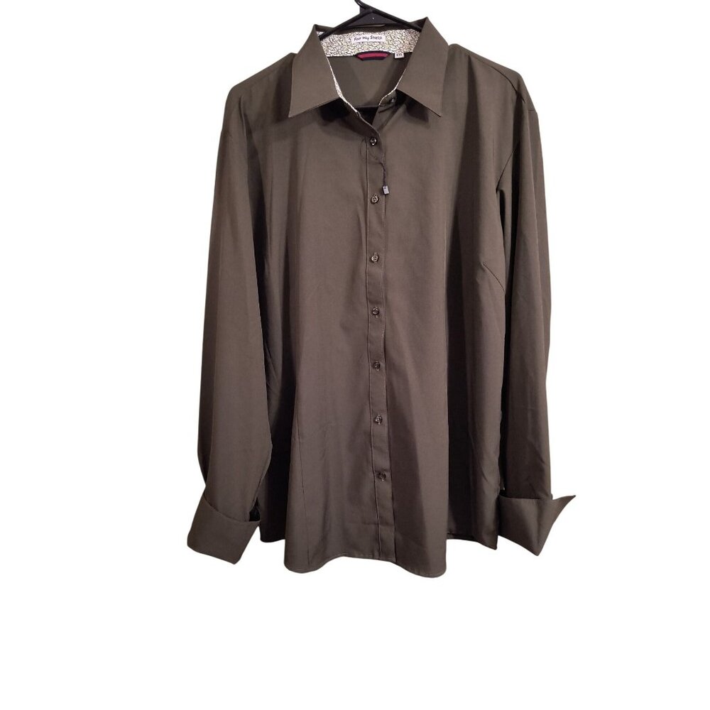 Womens Olive Button-Up Shirt Four Way Stretch XXL Long Sleeve Collared Classic F